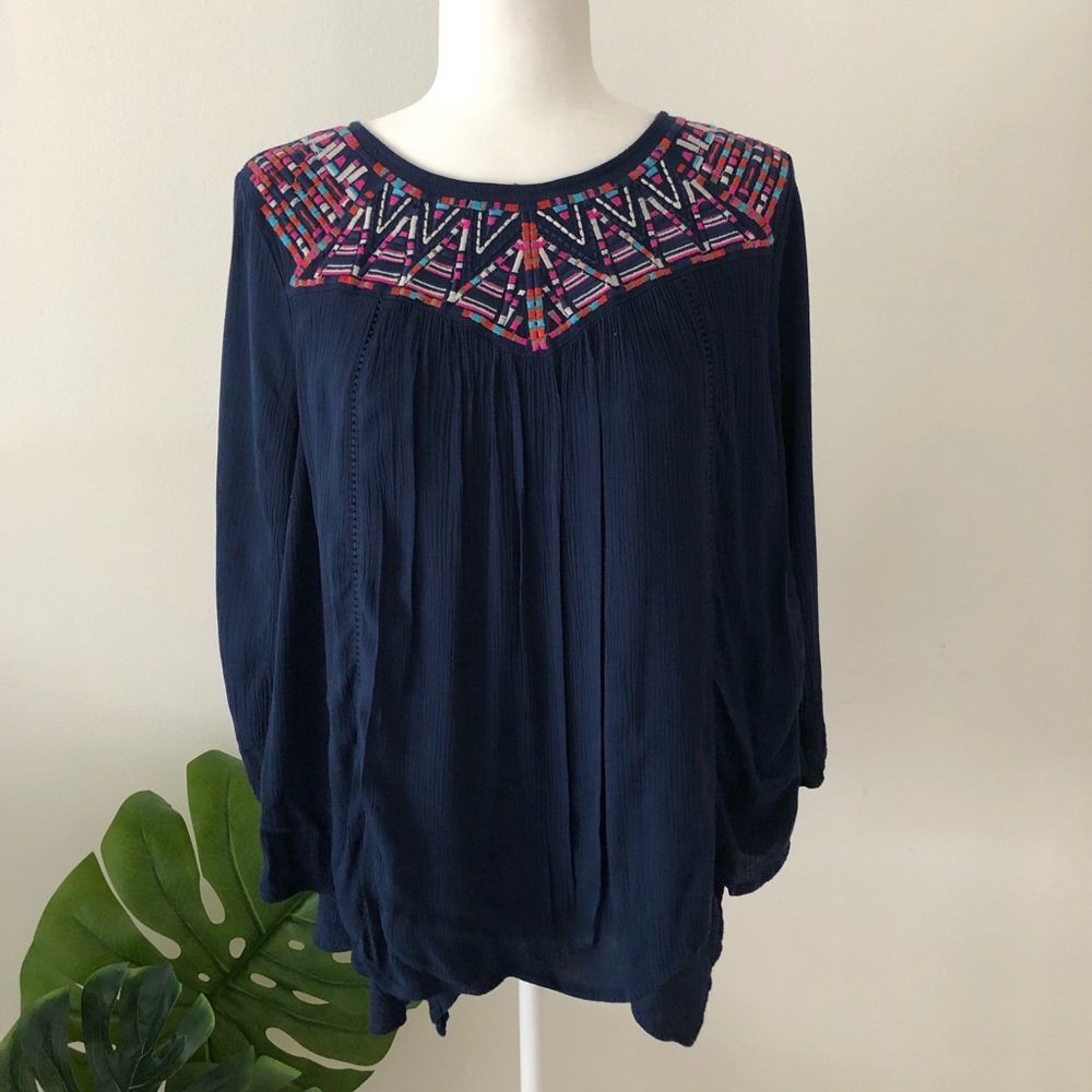Navy Blue Embroidered Peasant Tunic Blouse M